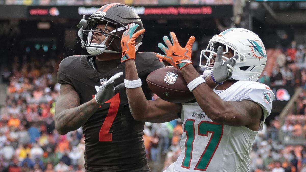 Cleveland Browns Tysen Brown (7) deflects the pass intended for Miami Dolphins wide receiver Jaylen Waddle (17) in the endzone during the first half of an NFL football game at Huntington Bank Field in Cleveland, Ohio, on Sunday, October 19, 2025.