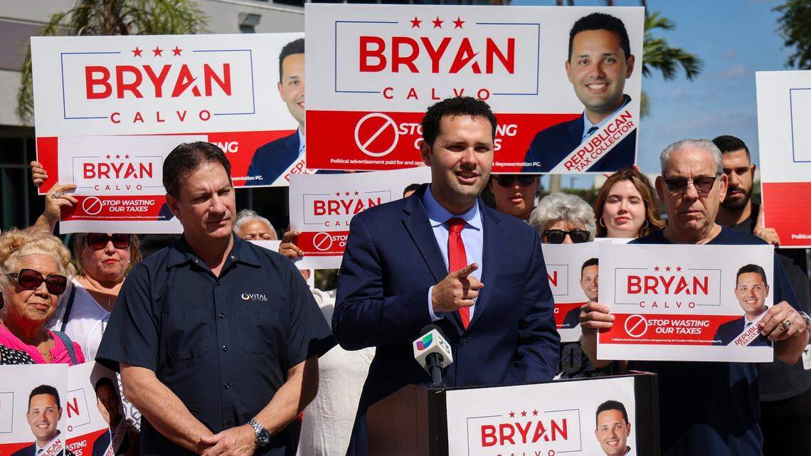 Hialeah City Council Member Bryan Calvo announces his candidacy for tax collector among supporters at Miami-Dade Elections Department headquarter on Tuesday, March 26, 2024, in Doral, Florida.