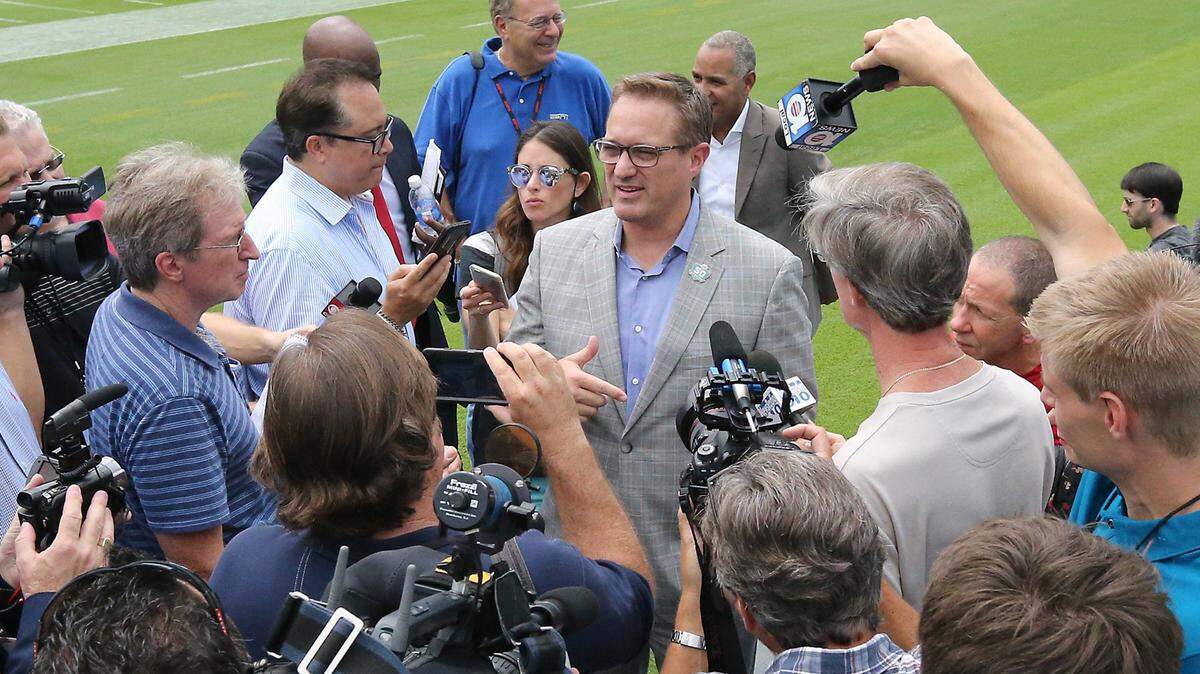 Miami Dolphins President and CEO Tom Garfinkel talks to the media during the phase one stadium tour and food showcase Sun Life Stadium on Thursday, August 27, 2015, in Miami Gardens.