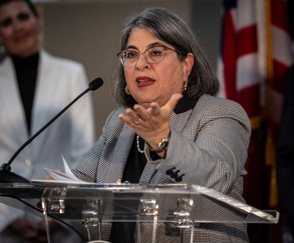 Miami-Dade Mayor Daniella Levine Cava answers question during a press conference at the Government Center in Miami, August 29, 2022.