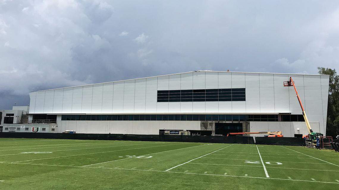The Carol Soffer Football Indoor Practice Facility is expected to be operational sometime in August for UM players to use during inclement weather. The facility is shown here on Tuesday, April 24, 2018.