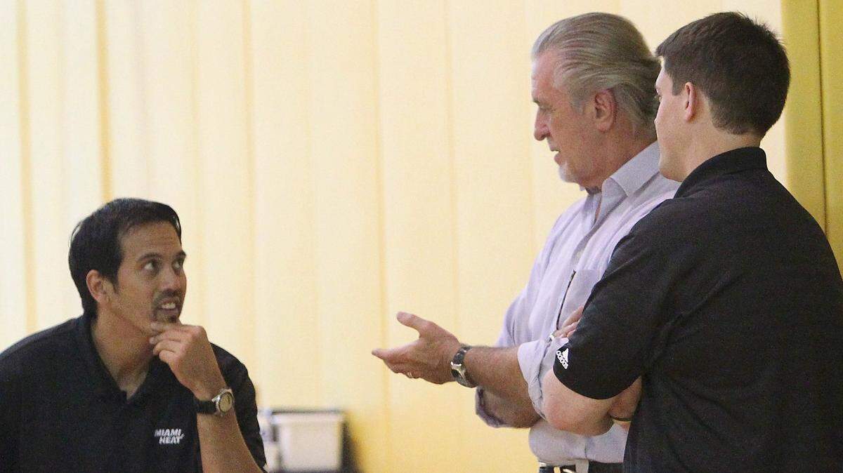 (L to R) Miami Heat head coach Erik Spoelstra, Heat President Pat Riley and Heat Chief Executive Officer Nick Arison during practice at training camp Thursday, October 4, 2012 at AmericanAirlines Arena in Miami in preparation for NBA 2012-13 season.