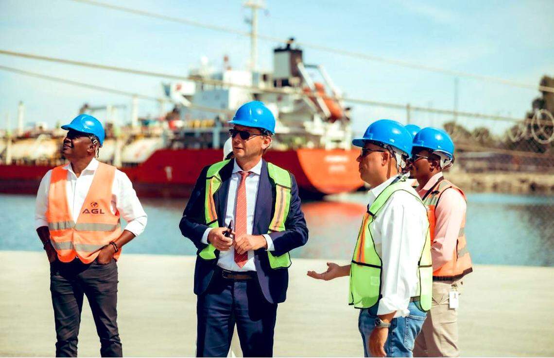 France’s ambassador to Haiti, Antoine Michon, center, visits Terminal Varreux near Cité Soleil in Port-au-Prince. Michon later took to X publicly air his frustrations over the lack of government authorization for the private port to operate containers.