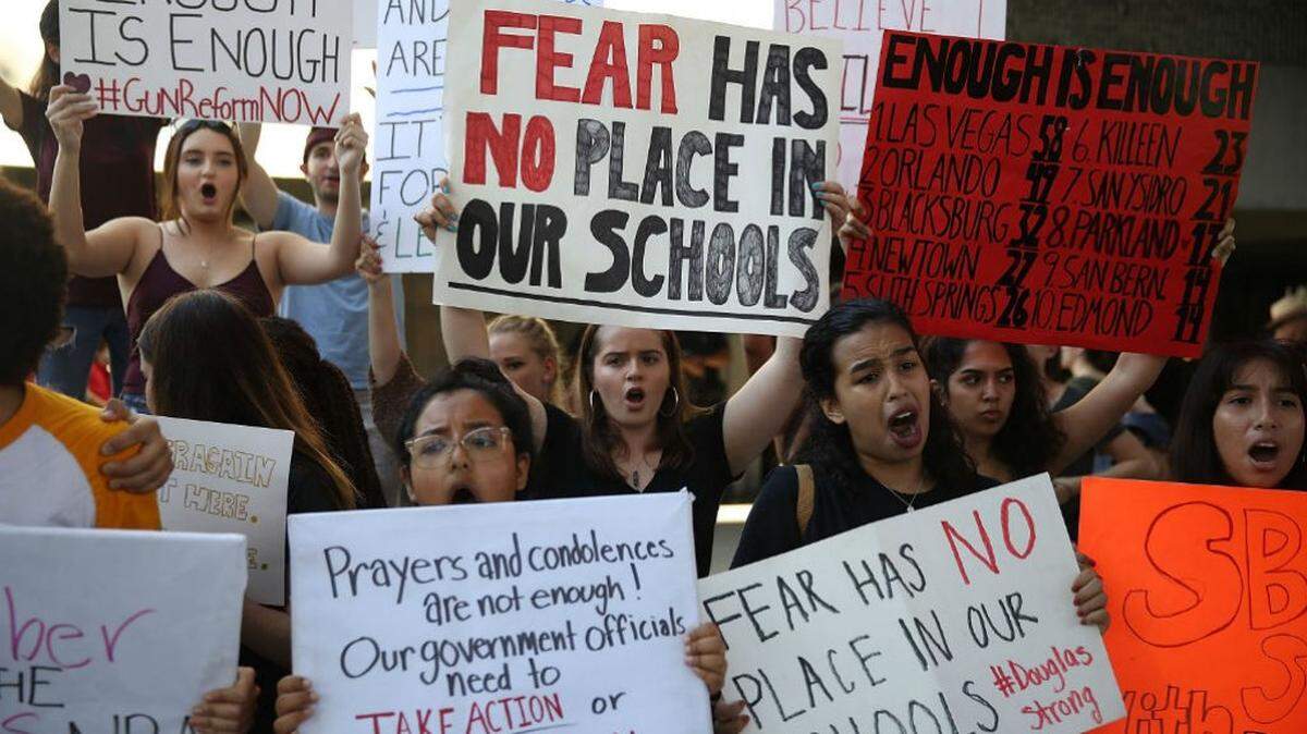 Students lead an anti-gun, anti-violence demonstration on the steps of the Broward County Courthouse three days after the Feb. 14, 2018, mass shooting at Marjory Stoneman Douglas High School.