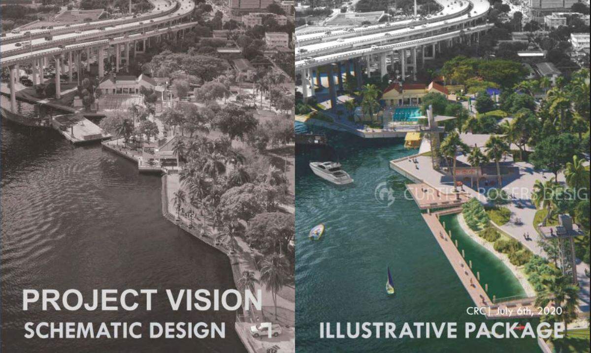 The city of Miami plans to redevelop Jose Marti Park in Little Havana to better withstand sea level rise, including a living shoreline of mangroves with a floating boardwalk around them to maintain the view. This is an outdated rendering of the project, which no longer includes the viewing tower by the river. The city of Miami declined to make newer renderings available to the Miami Herald.