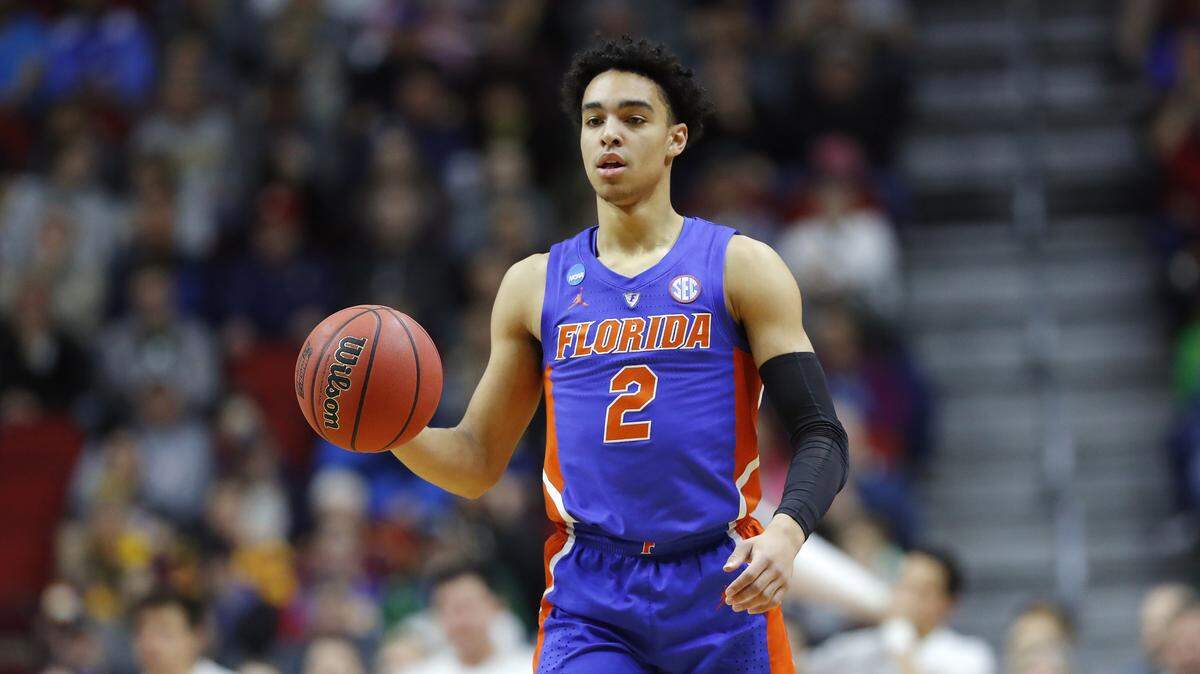 Florida guard Andrew Nembhard drives up court during a second round men’s college basketball game against Michigan in the NCAA Tournament, Saturday, March 23, 2019, in Des Moines, Iowa.