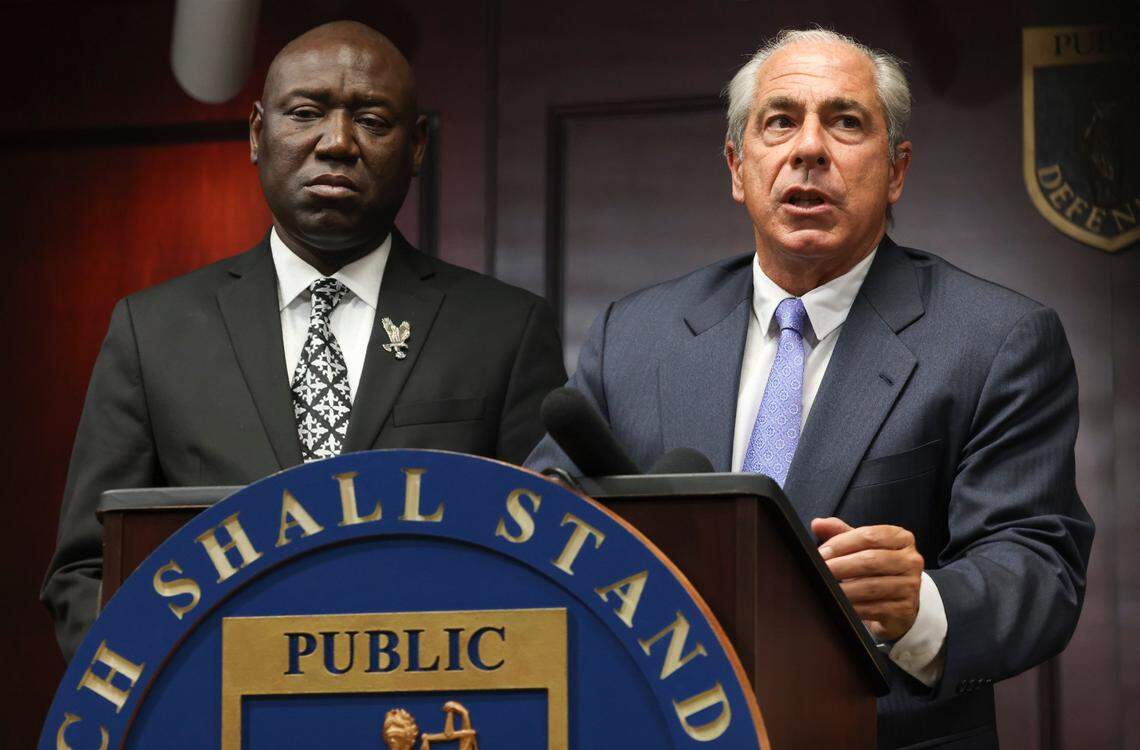 Attorney Hunter Shkolnik, right, speaks while Attorney Ben Crump listens during a press conference discussing the case of Michael Ortiz on Wednesday, March 1, 2023, at the Broward Law Office of the Public Defender in Fort Lauderdale.