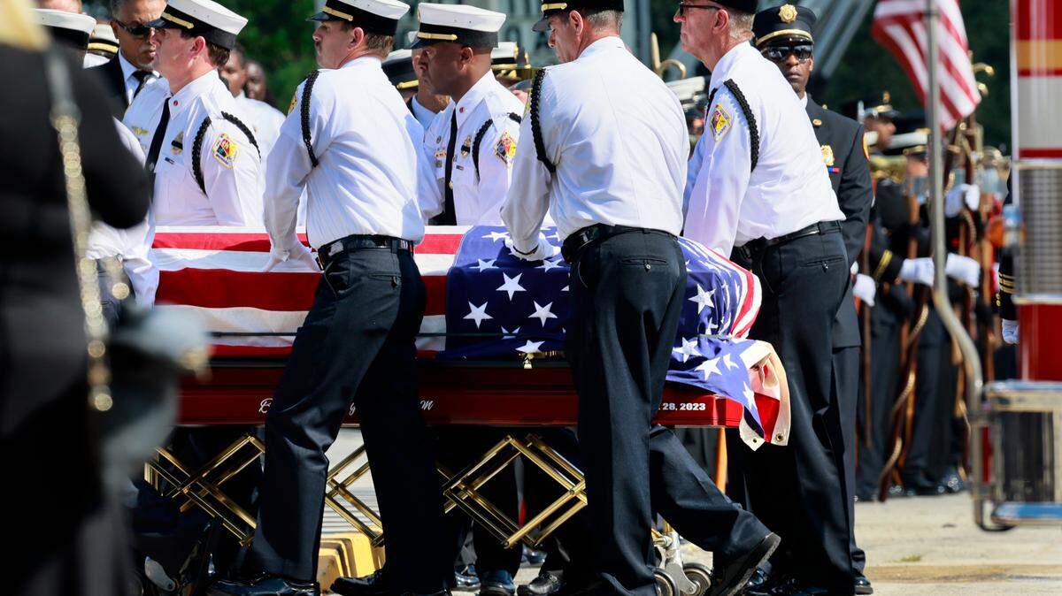 The funeral procession and casket for Broward Sheriff Fire Rescue Battalion Chief Terryson Jackson arrives at the Faith Center in Sunrise on Friday, September 8, 2023. Jackson died in a helicopter crash on Monday, Aug. 28, when he and two BSFR colleagues were responding to an emergency call. (Mike Stocker/South Florida Sun Sentinel)