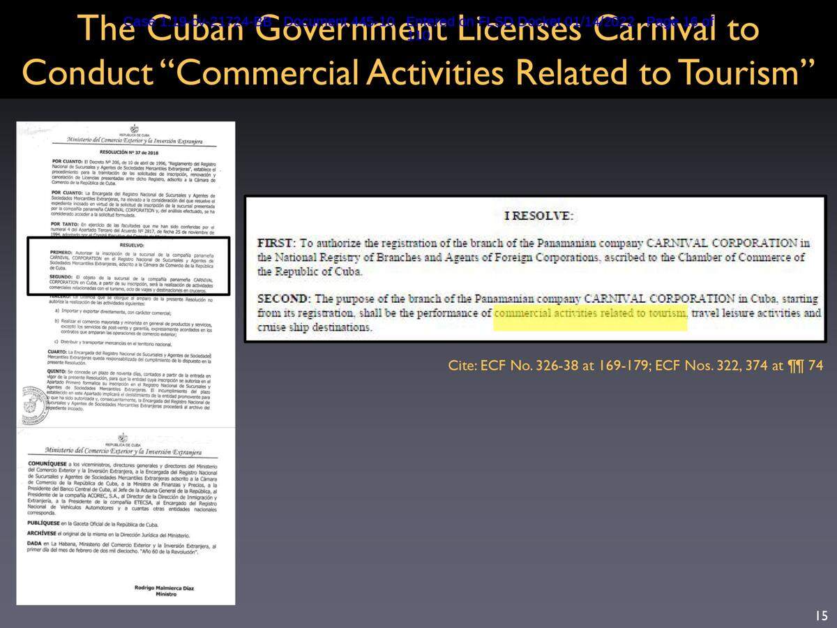 Captura de pantalla de una presentación de PowerPoint de los abogados de Havana Docks presentada en un tribunal federal de Miami. Carnival registró una subsidiaria en la Cámara de Comercio de Cuba.