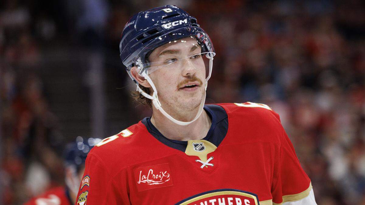 Florida Panthers defenseman Donovan Sebrango (6) after a play during the second period of a game against the Washington Capitals on Thursday, Nov. 13, 2025, at Amerant Bank Arena in Sunrise, Fla.