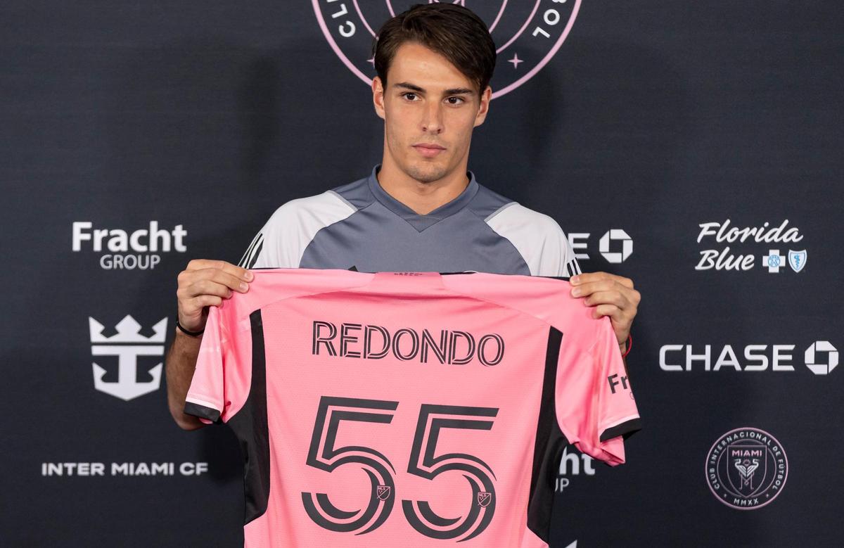 Inter Miami midfielder Federico Redondo (55) holds his jersey during a press conference at Chase Stadium on Tuesday, March 5, 2024, in Fort Lauderdale, Fla. Redondo, 21, signed with Inter Miami through the 2027 season, with an option for 2028.