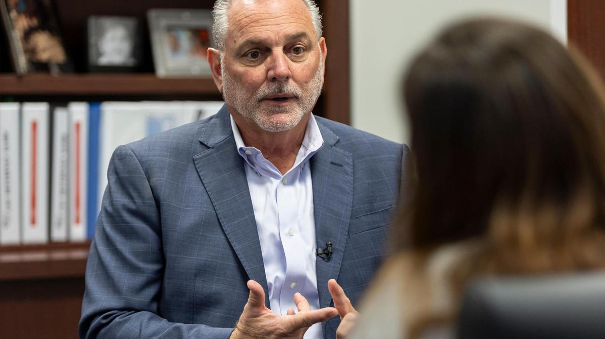 Broward County Schools Superintendent Peter Licata is interviewed inside his office at the Kathleen C. Wright Administration Building on Wednesday, Jan. 31, 2024, in Fort Lauderdale, Fla. Licata spoke on the record about his school district potentially repurposing schools with low student enrollment.