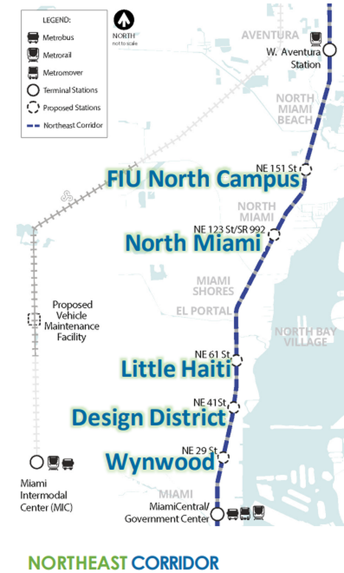 The Northeast Corridor rail project would run trains along Brightline’s existing rail tracks between Miami and Aventura, with neighborhood stations along the way.