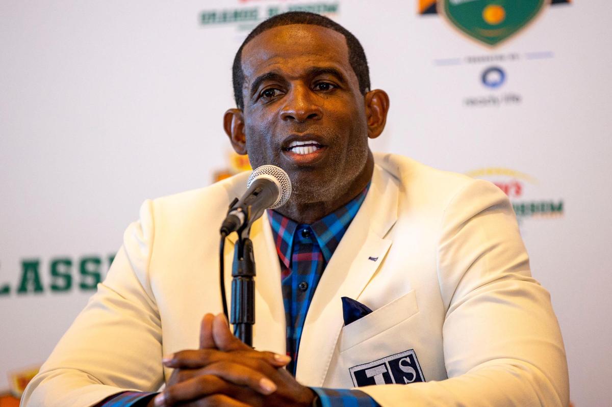 Jackson State University head coach Deion Sanders speaks to the media during a pregame press conference for the Orange Blossom Classic held on the Club Level at Hard Rock Stadium in Miami Gardens, Florida, on Friday, September 2, 2022.