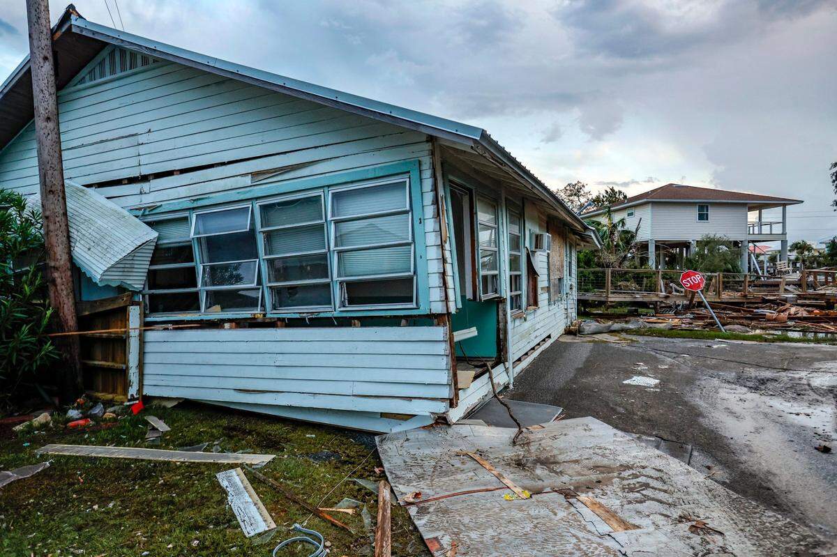 This home blocked a roadway after it floated into the street when several feet of storm surge from Hurricane Idalia inundated Horseshoe Beach, Florida on Wednesday, August 30, 2023.