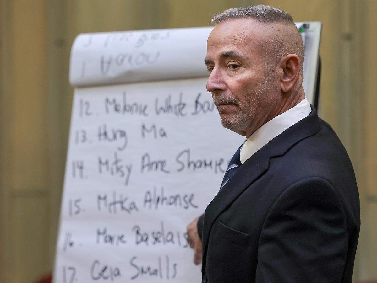 Prosecutor Scott Warfman reads off the list of victims during his opening statement during penalty trial of Anthawn Ragan Jr. Anthawn Ragan Jr., who went on a murder and robbery spree in 2013, appeared in Courtroom 4-6 for his death penalty sentencing for the killing of a 10-year-old boy during a nail salon robbery on Monday, February 9, 2026, at the Richard E. Gerstein Justice Building in Miami, Florida. Ragan waived his right to a jury trial, meaning Miami-Dade Circuit Court Judge Marisa Tinkler Mendez will decide on whether he gets life or death.