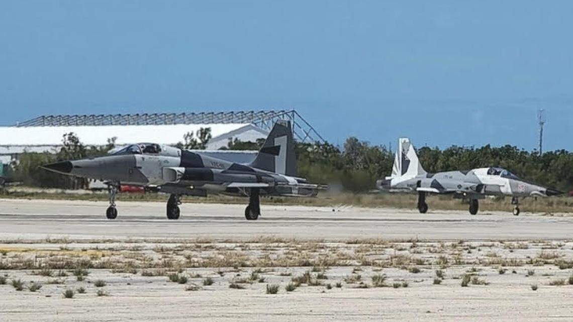 F-5N Tigers II assigned to the Sun Downers of Fighter Squadron Composite (VFC) 111 taxi on the runway at Naval Air Station Key West’s Boca Chica Field.
