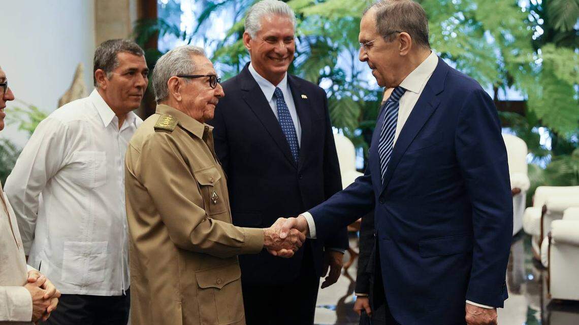 Russia’s foreign minister Sergei Lavrov (right) greets general Raúl Castro and Cuba’s appointed president Miguel Díaz-Canel during a meeting Thursday in Havana, April 20,. 2023.