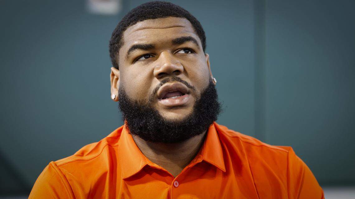 Miami Hurricanes offensive lineman Anez Cooper speaks to reporters during Media Day at the Carol Soffer Indoor Practice Facility in Coral Gables, Florida, on Wednesday, July 30, 2025.