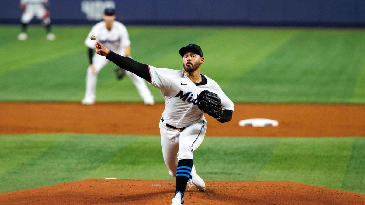 Miami Marlins starting pitcher Pablo Lopez (49) pitches during the first inning of a baseball game against the San Diego Padres at loanDepot park on Wednesday, August 17, 2022 in Miami, Florida.