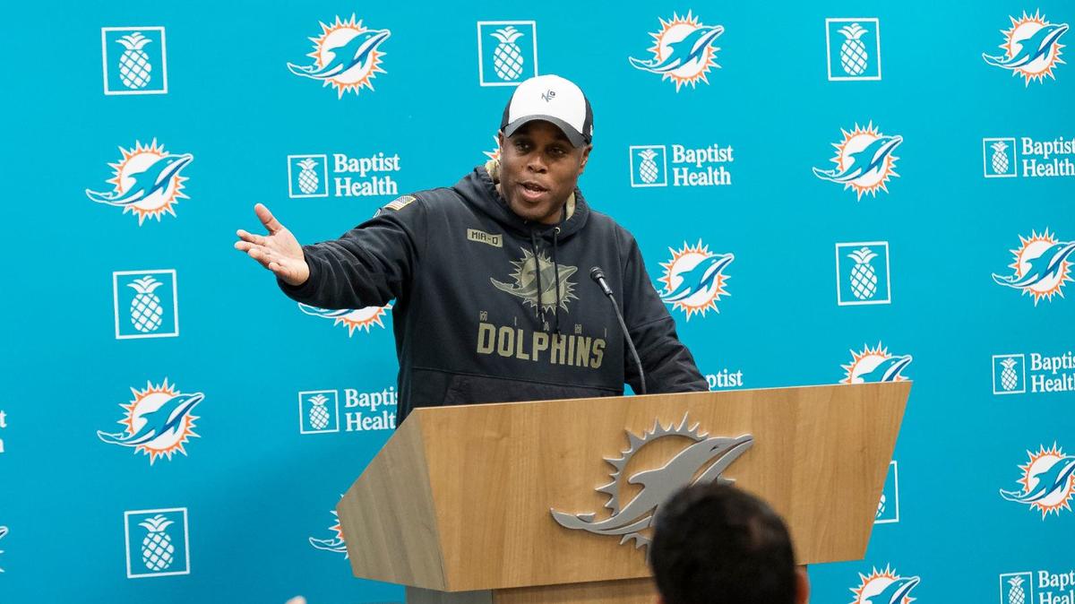 Miami Dolphins General Manager Chris Grier speaks during a Pre-NFL Draft press conference at the Baptist Health Training Complex on Tuesday, April 16, 2024, in Miami Gardens, Fla.