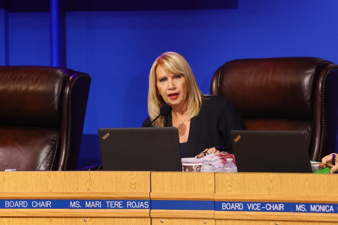 Miami-Dade School Board Chair Mari Tere Rojas had to interrupt during the public forum to calm the attendees down.