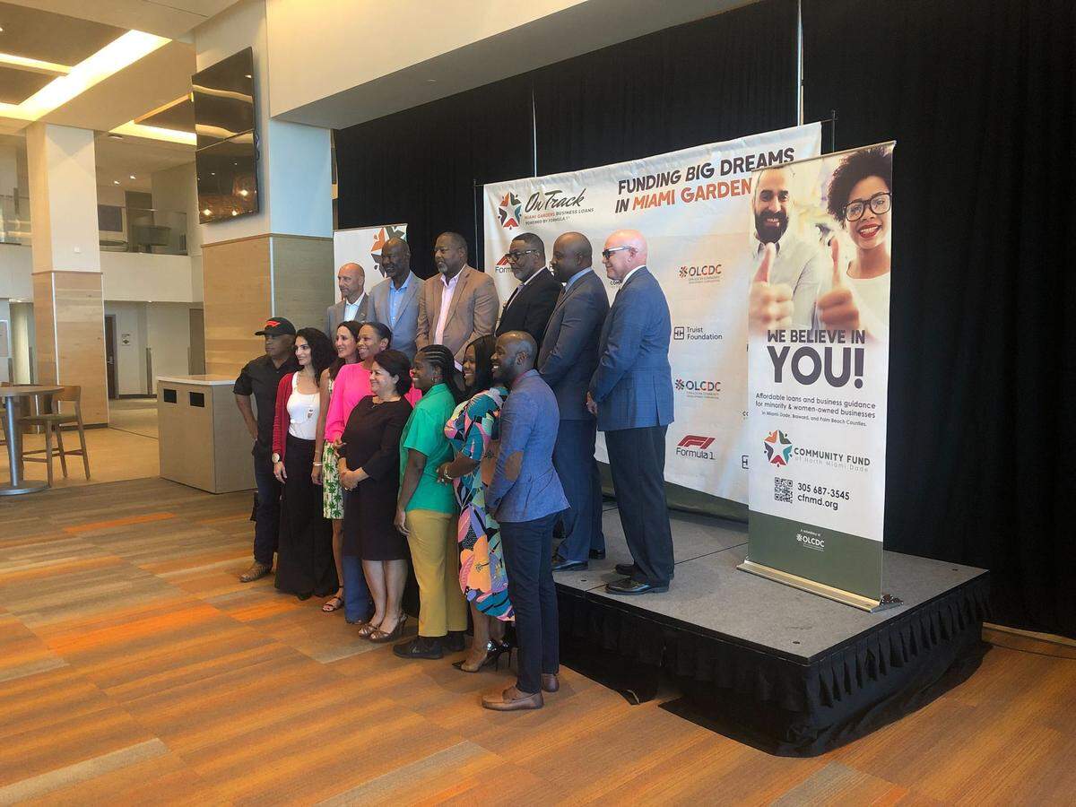 Leaders from Miami Gardens, Formula One, the Community Fund of North Miami Dade, the Opa-locka Community Development Corporation and the Truist Foundation attending the Formula One press conference at Hard Rock Stadium.