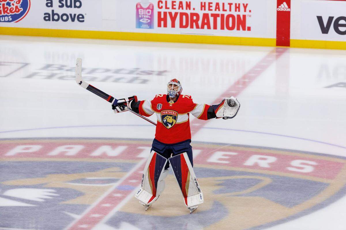 Florida Panthers goaltender Sergei Bobrovsky (72) skates during pregame warmups before the start of Game 3 of the NHL Stanley Cup Final against the Vegas Golden Knights at the FLA Live Arena on Thursday, June 8, 2023, in Sunrise, Florida.
