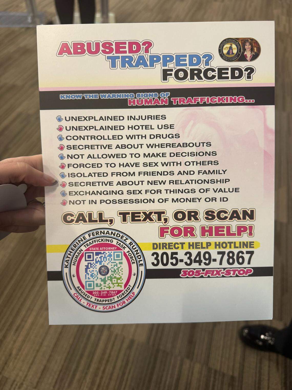 A flier people may see around the City of Coral Gables listing potential signs of human trafficking. The flier was presented to the Coral Gables City Commission on March 10, 2026 by Coral Gables Police Chief Edward Hudack while discussing anti-human trafficking efforts.