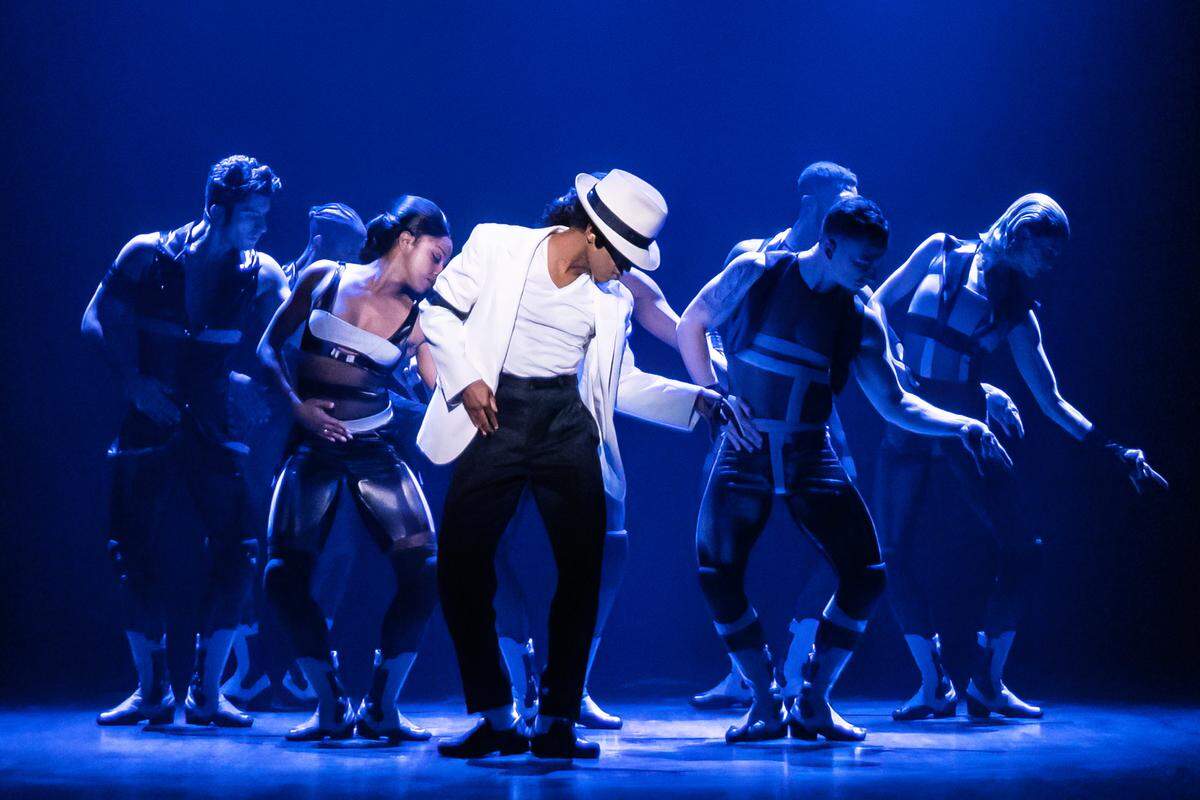 Roman Banks as Michael Jackson and the cast of the first national tour of ‘MJ,’ which makes a stop at the Arsht Center in Miami in March and at the Broward Center in Fort Lauderdale in April.