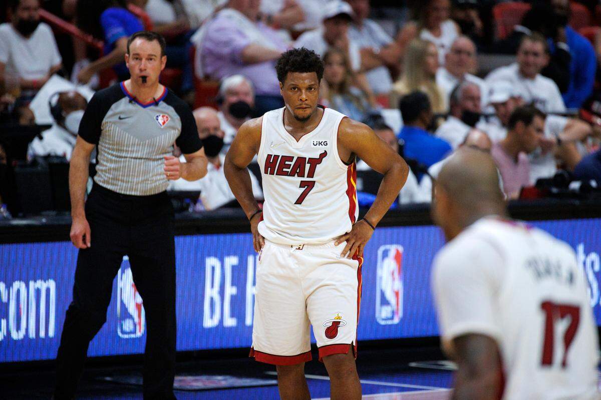 Miami Heat guard Kyle Lowry (7) reacts after a play against the Boston Celtics during the third quarter of Game 5 of the NBA Eastern Conference Finals series at FTX Arena in Miami on May 25, 2022.