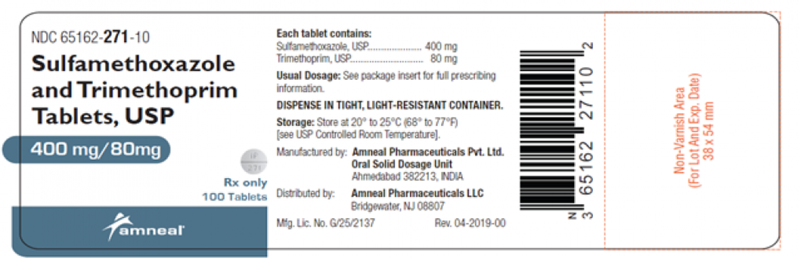 The label on the recalled 100-tablet bottles of Sulfamethoxazole/Trimethoprim Tablets, 400 mg/80 mg