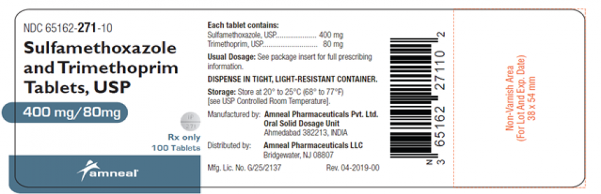 The label on the recalled 100-tablet bottles of Sulfamethoxazole/Trimethoprim Tablets, 400 mg/80 mg
