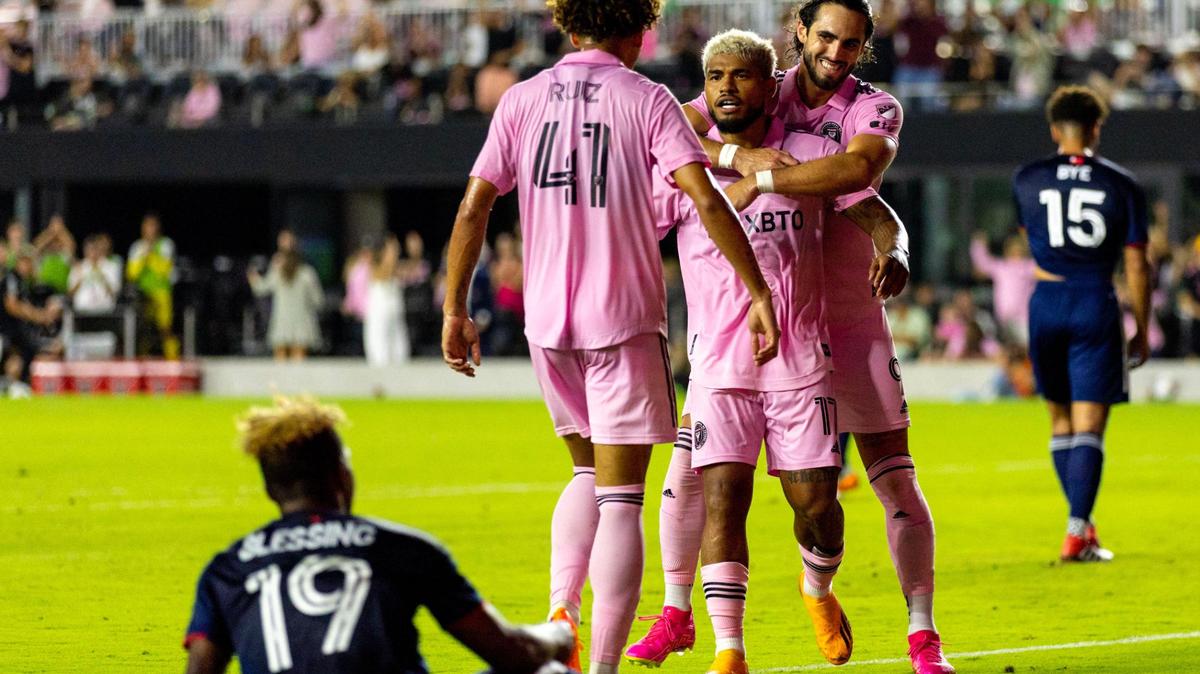 Inter Miami CF forward Josef Martínez (17) reacts with teammates Leonardo Campana (9) and David Ruiz (41) after scoring the second goal for his team during the first half of an MLS game against New England Revolution at DRV PNK Stadium in Fort Lauderdale, Florida, on Saturday, May 13, 2023.