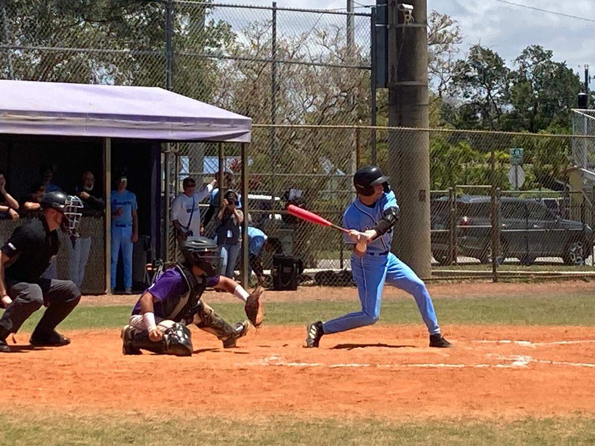 West Broward’s Ivan Sabater took this pitch over the fence in right-center for a solo home run in the top of the third to stake his team to a 4-0 lead during Saturday’s third game of a Region 4-7A quarterfinal baseball series at Southwest High.