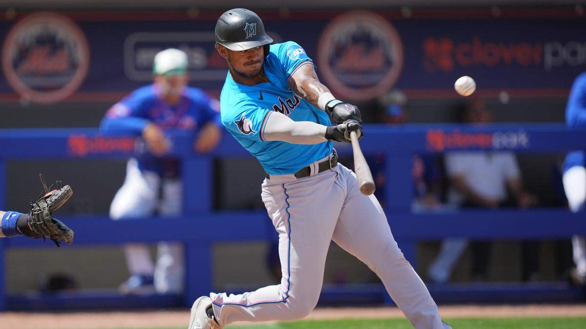 Mar 17, 2024; Port St. Lucie, Florida, USA; Miami Marlins center fielder Dane Myers (54) hits a home run in the third inning against New York Mets at Clover Park. Mandatory Credit: Jim Rassol-USA TODAY Sports