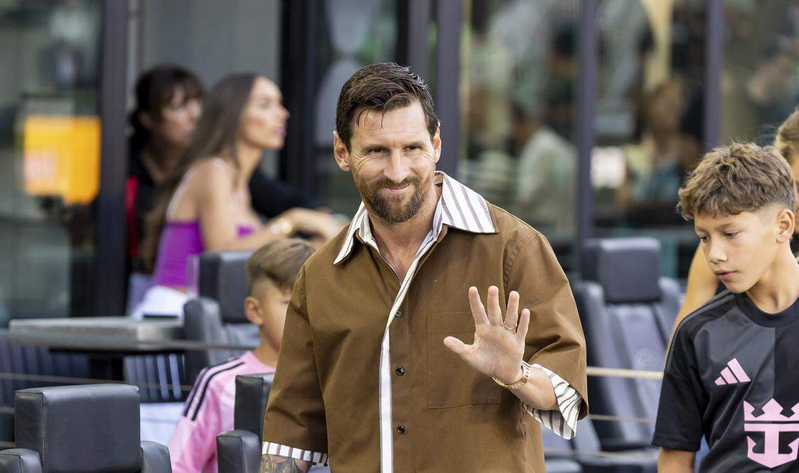 Inter Miami CF forward Lionel Messi (10) waves on from a suite before his team plays against Pumas UNAM in their Leagues Cup Phase One soccer match at Chase Stadium on Wednesday, Aug. 6, 2025, in Fort Lauderdale, Fla.
