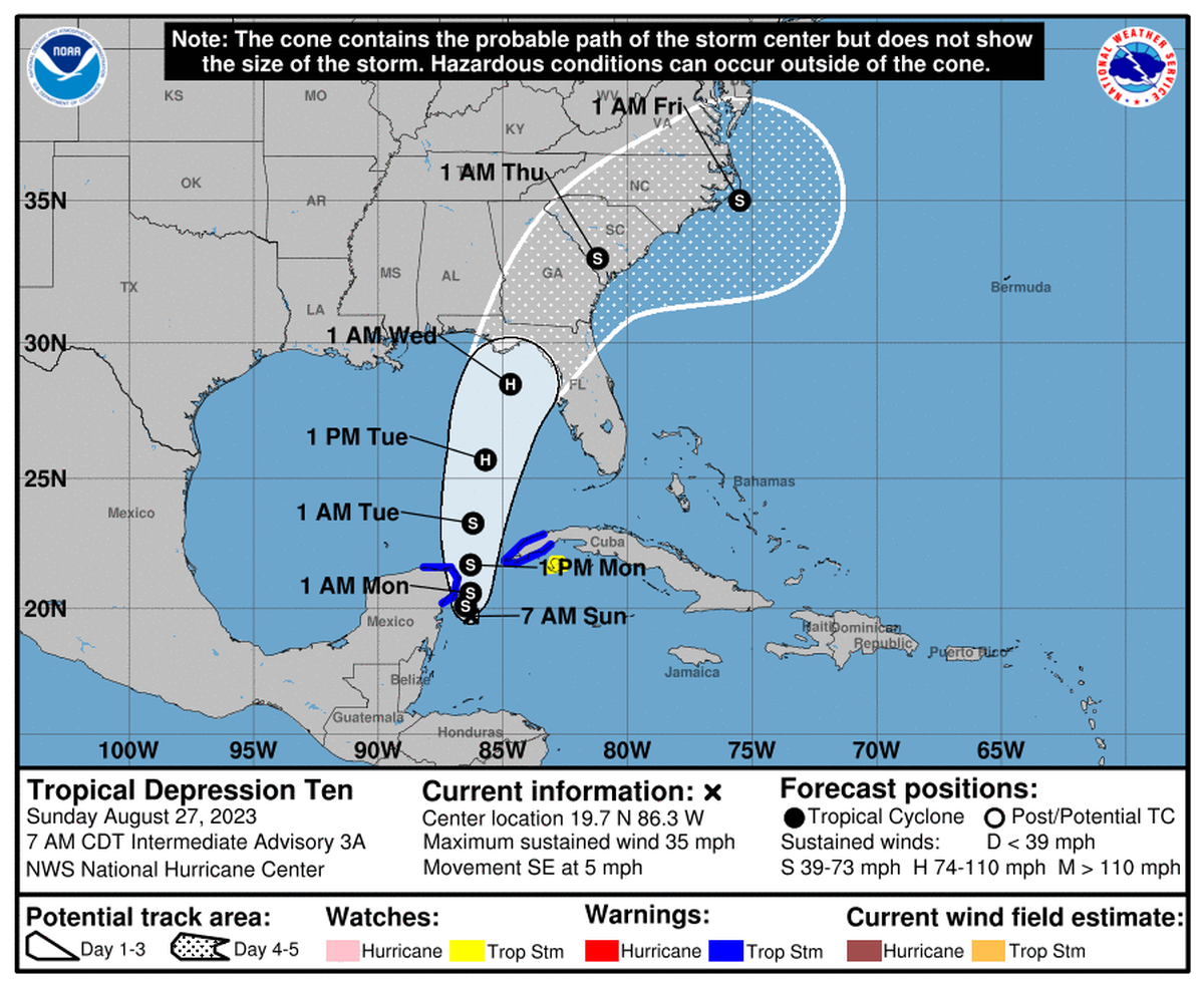 Tropical Depression 10 is expected to strengthen into Tropical Storm Idalia later Sunday before heading north into the Gulf of Mexico.