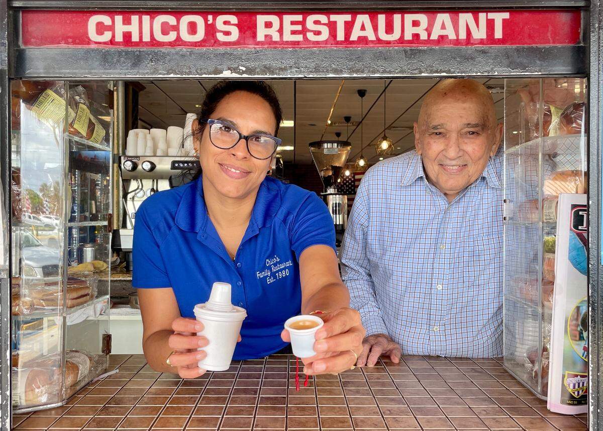 Angelica Arria is a waitress at the window at Chico’s Cuban restaurant in West Hialeah, which Jesús Ovídez has co-owned for 42 years.