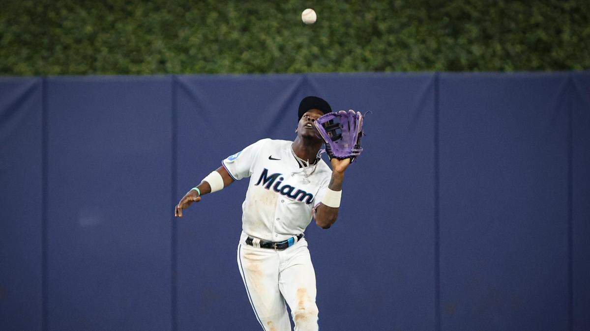 Miami Marlins center fielder Jazz Chisholm Jr. (2) catches the ball during the ninth inning against the San Francisco Giants an MLB game on Wednesday, April 19, 2023, at loanDepot Park in Miami.