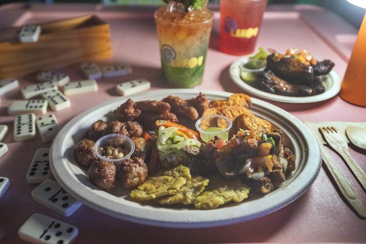  Fritay Platter, pork served with akra, patat, conch fritter and bannann for $15 at Lakou Miami in Little Haiti, on Saturday October 25th., 2025.