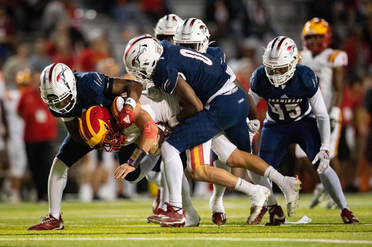 The Chaminade Lions lead the Clearwater Central Catholic Marauders 28-0 at the half of the Class IM State Championship game at Gene Cox Stadium in Tallahassee, Florida on Thursday, Dec. 8, 2022.