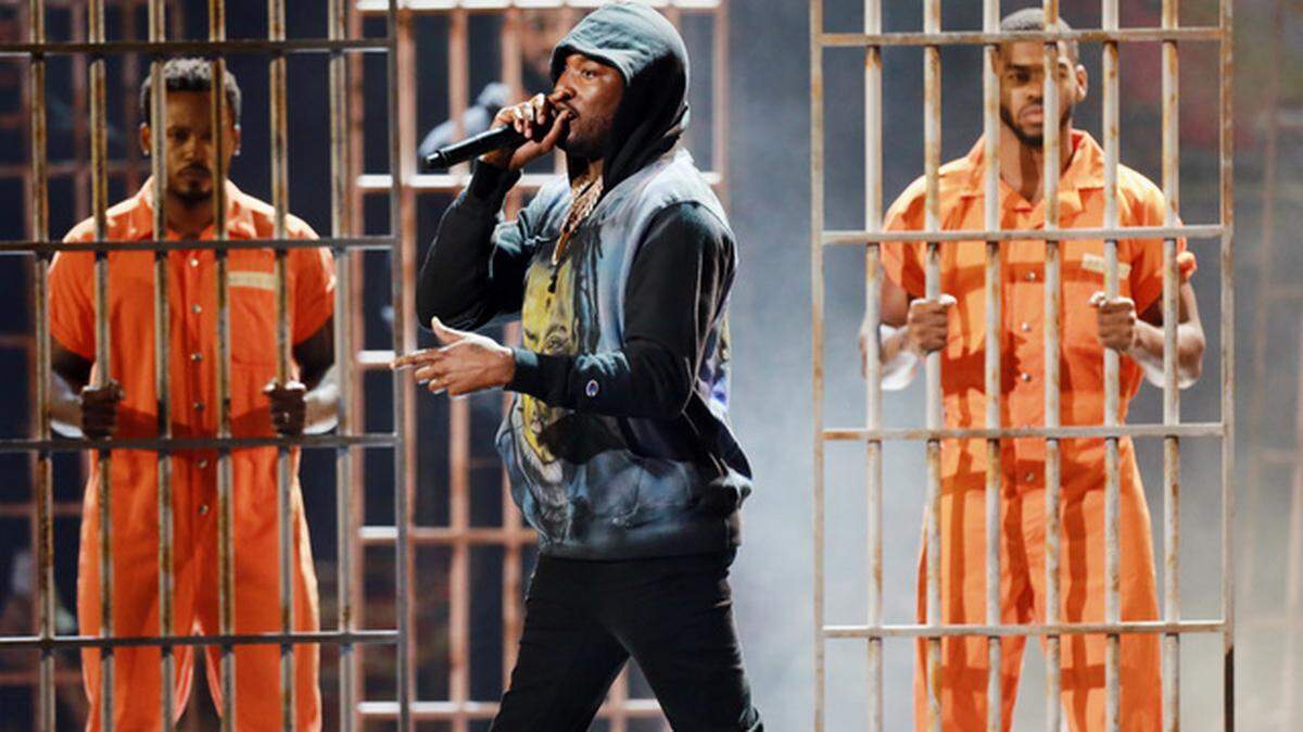 Meek Mill performs at the 2018 BET Awards in Los Angeles, singing “Stay Woke,’ which dealt with prison and police violence against black youth.