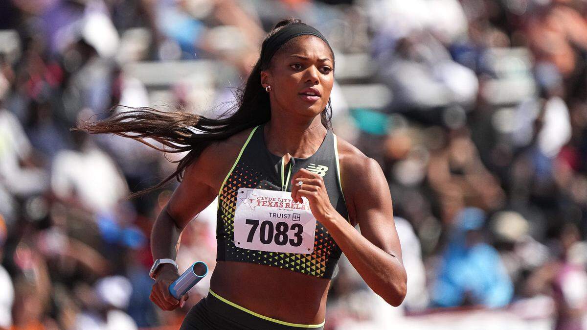 Team USA Red athlete Gabby Thomas (7083) competes in the 1600 meter relay invitational at the Clyde Littlefield Texas Relays at Mike A. Myers Stadium on Saturday, March 29, 2025.