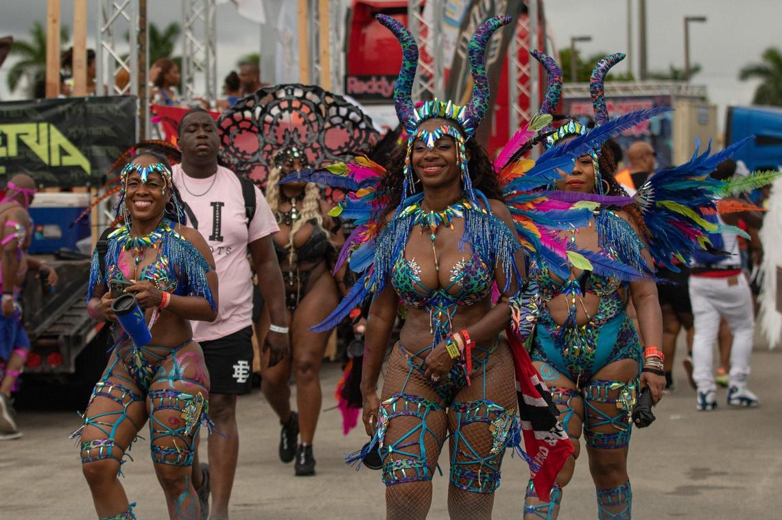 Performers are seen before the parade during Miami Carnival at the Miami-Dade County Fair Expo in Miami, Florida on Sunday, October 9, 2022.