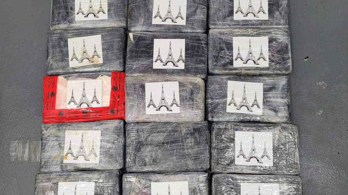 Packages of cocaine are displayed on a table. The drugs were found by a boater in the ocean off the Florida Keys Sunday, July 2, 2023, according to the U.S. Border Patrol.