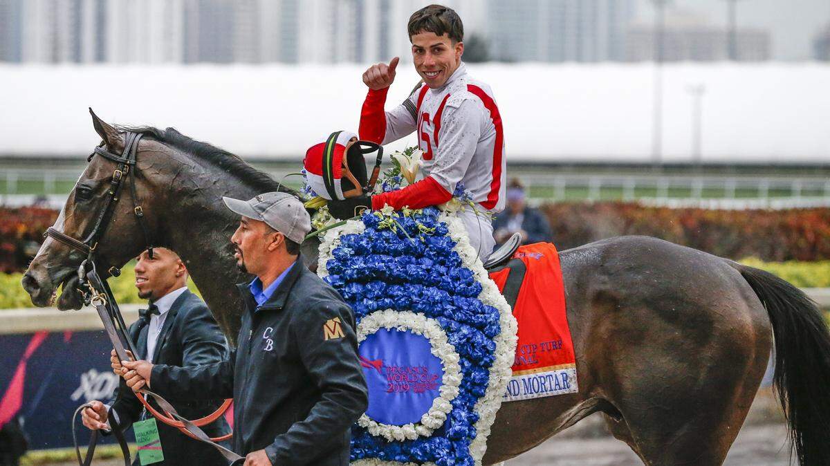 Irad Ortiz celebrates as he rides Bricks and Mortar to win the first running of the Pegasus World Cup Turf Invitational at Gulfstream Park in Hallandale Beach on Saturday, January 26, 2019.