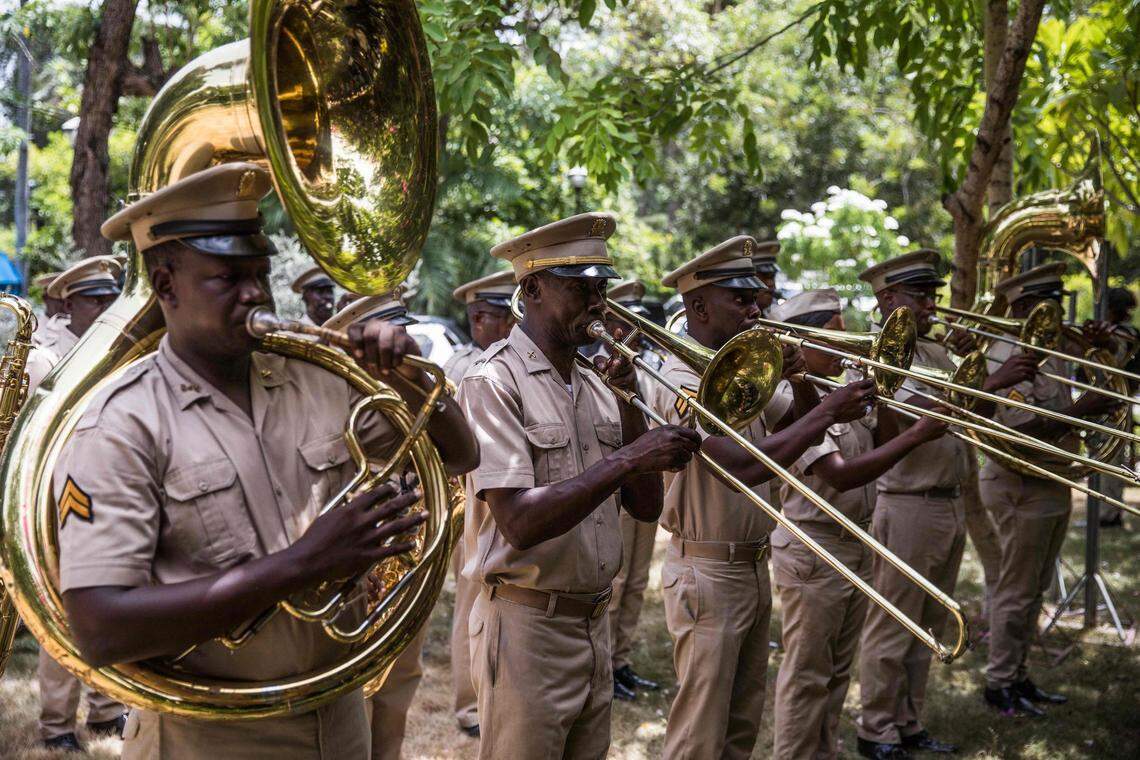 Members of the military band perform during a ceremony in honor of late Haitian President Jovenel Moïse in Port-au-Prince, Haiti, on July 20, 2021. The ceremony occurred as designated Prime Minister Ariel Henry prepared to replace interim Prime Minister Claude Joseph, after the July 7 attack at Moïse’s private home.