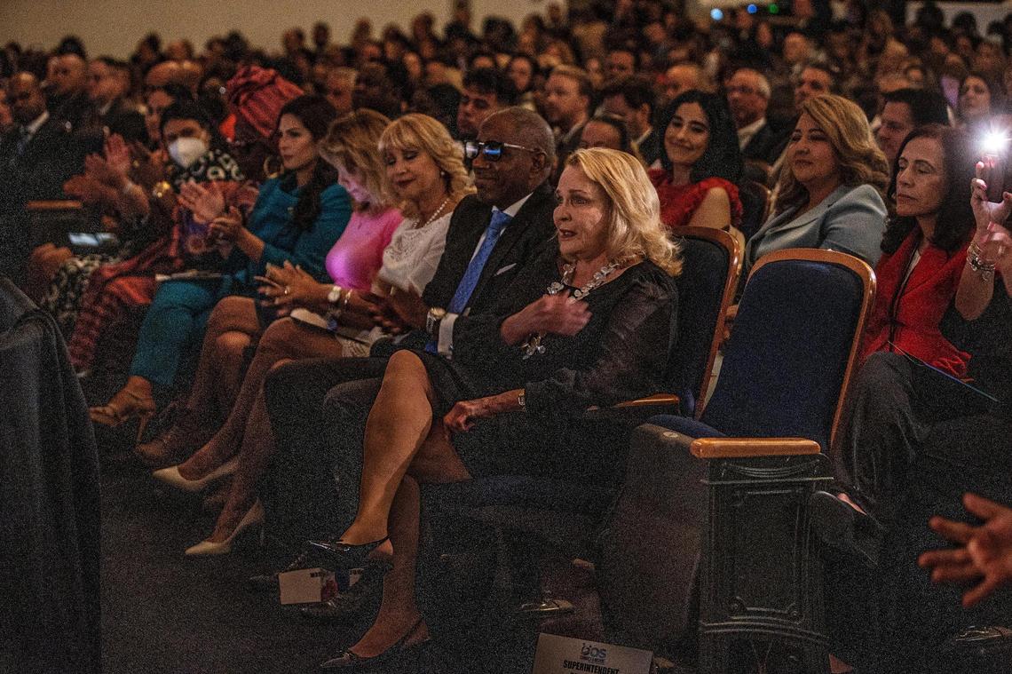 School Board Chair Perla Tabares Hantman reacts as she is recognized during the Miami Dade County Public Schools District 2022-2023 Opening of Schools event at Miami Senior High School on Friday, Aug. 5.