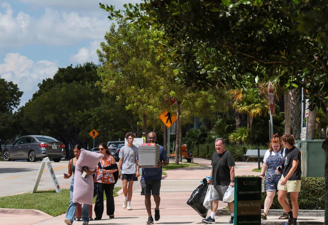 On Tuesday, Aug. 16, 2022, out-of-state University of Miami freshmen move with parents in tow into their dorms at the University of Miami in Coral Gables, Florida.